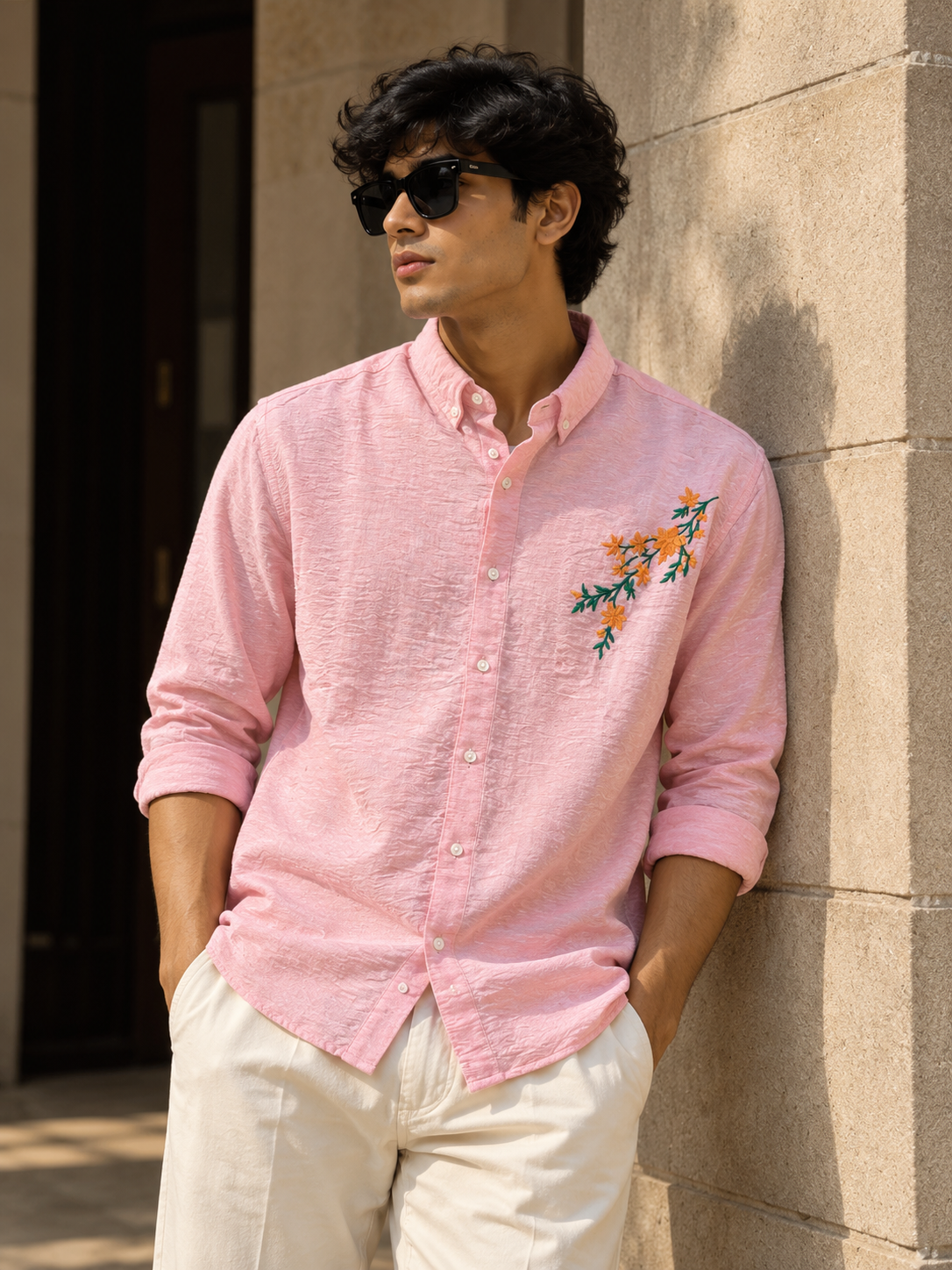 Pink Textured Floral Embroidery Shirt