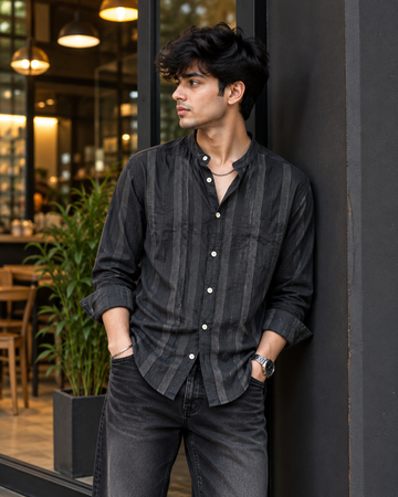 Men’s Premium Black Textured Stripe Shirt – Regular Fit