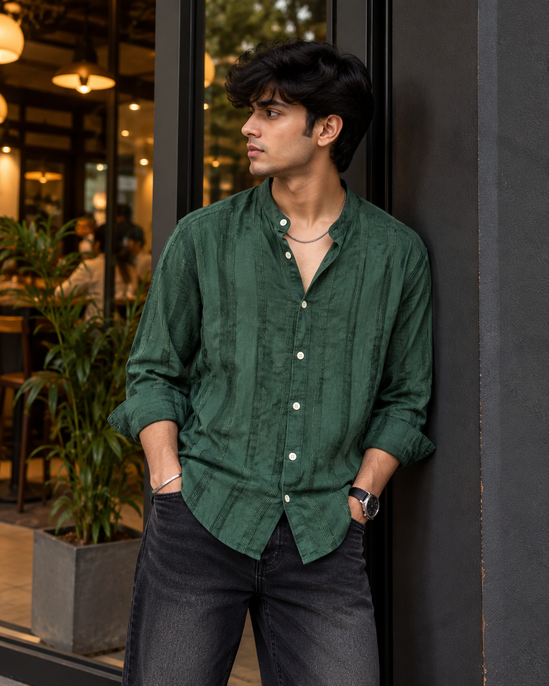 Men’s Premium Emerald Green Textured Full-Sleeve Shirt