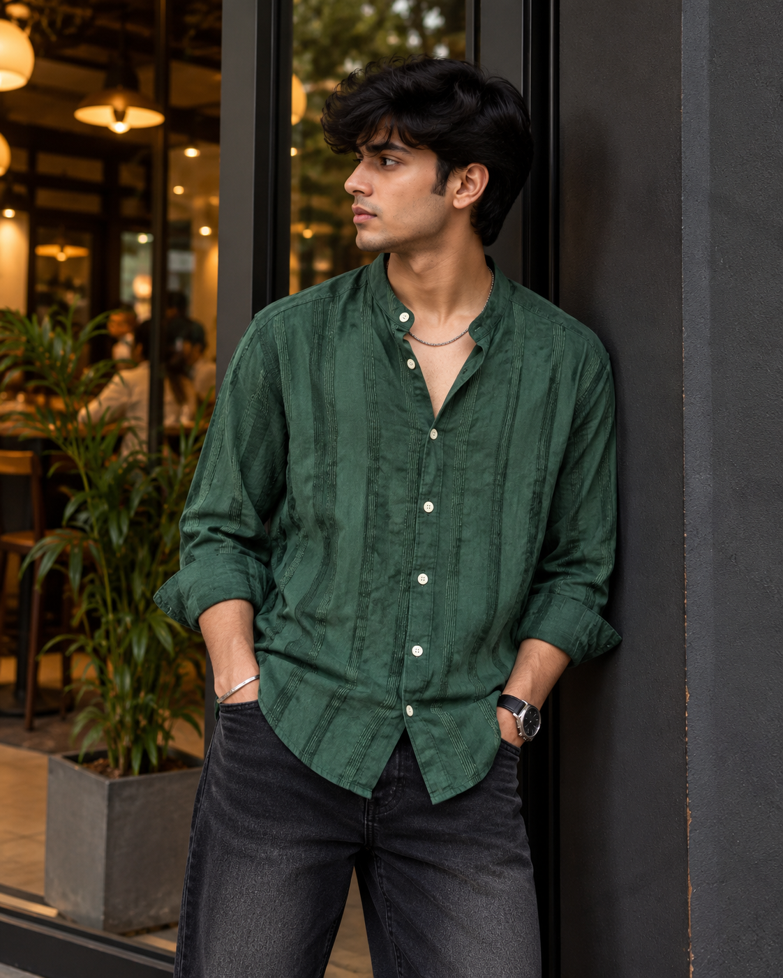 Men’s Premium Emerald Green Textured Full-Sleeve Shirt