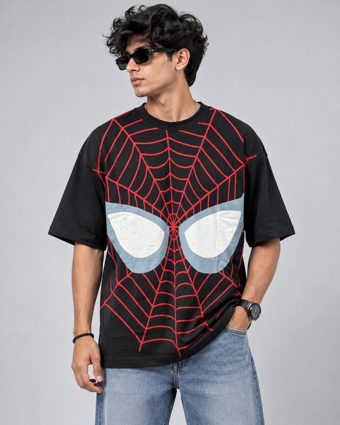 Men’s Spider Web Print Streetwear T-Shirt – Black