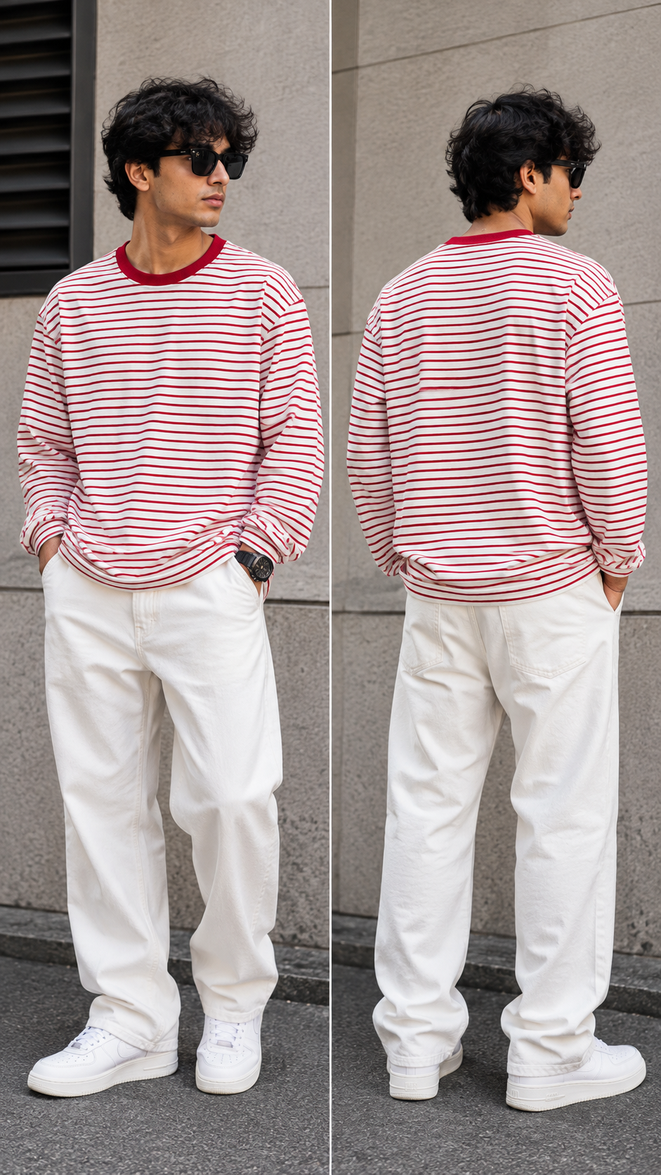 Men’s Red & White Striped Relaxed-Fit Crew Neck Top