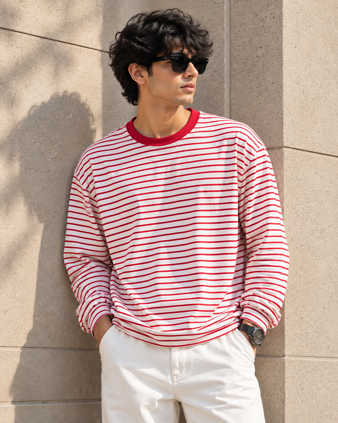 Men’s Red & White Striped Relaxed-Fit Crew Neck Top