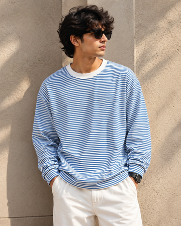 Men’s Oversized Blue & White Striped Crew Neck Sweatshirt