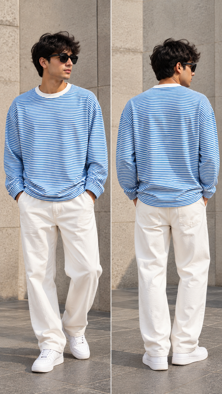 Men’s Oversized Blue & White Striped Crew Neck Sweatshirt