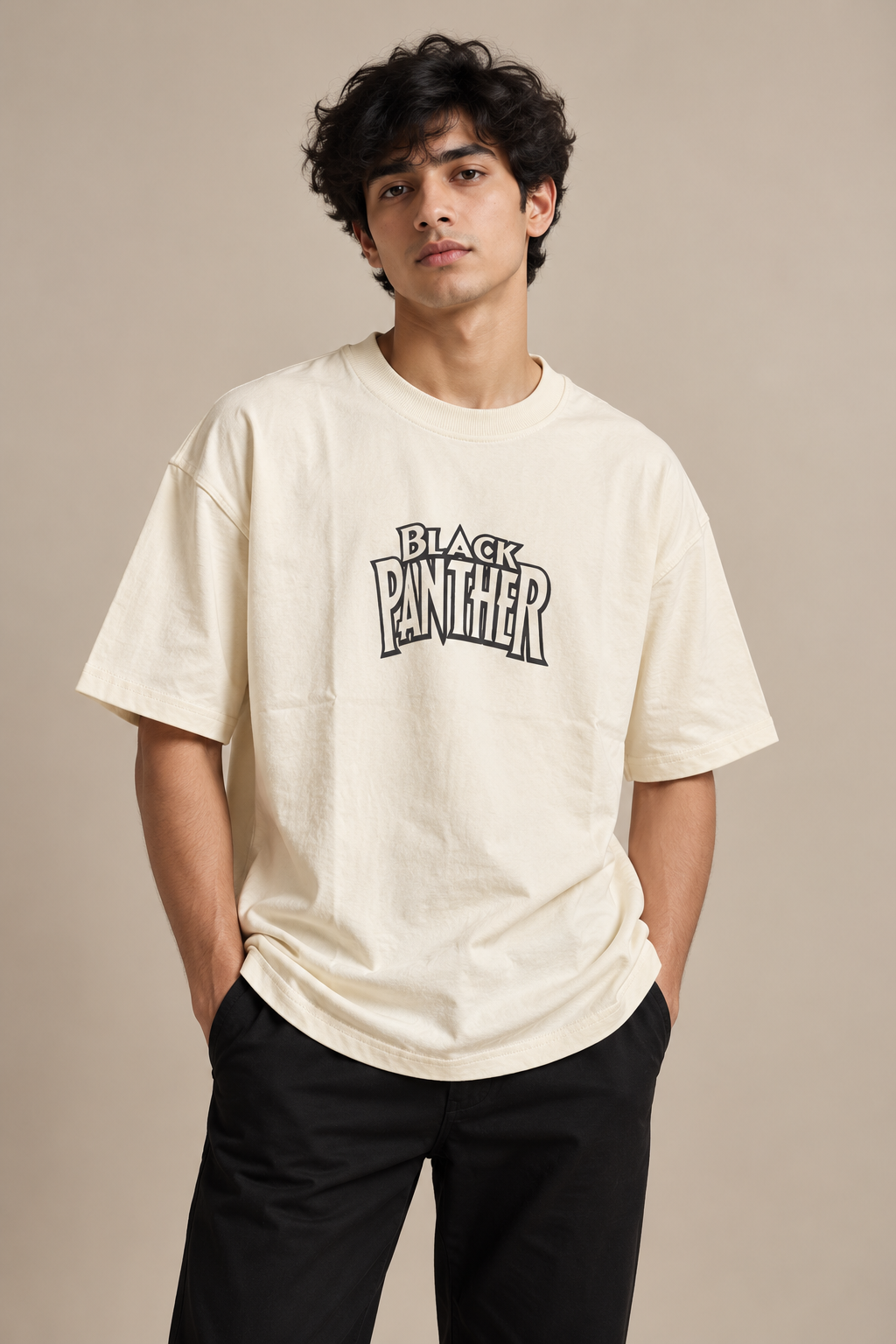 Cream Black Panther Graphic Oversized T-Shirt