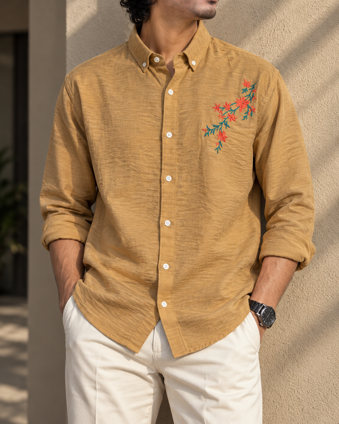 Mustard Yellow Embroidered Casual Shirt