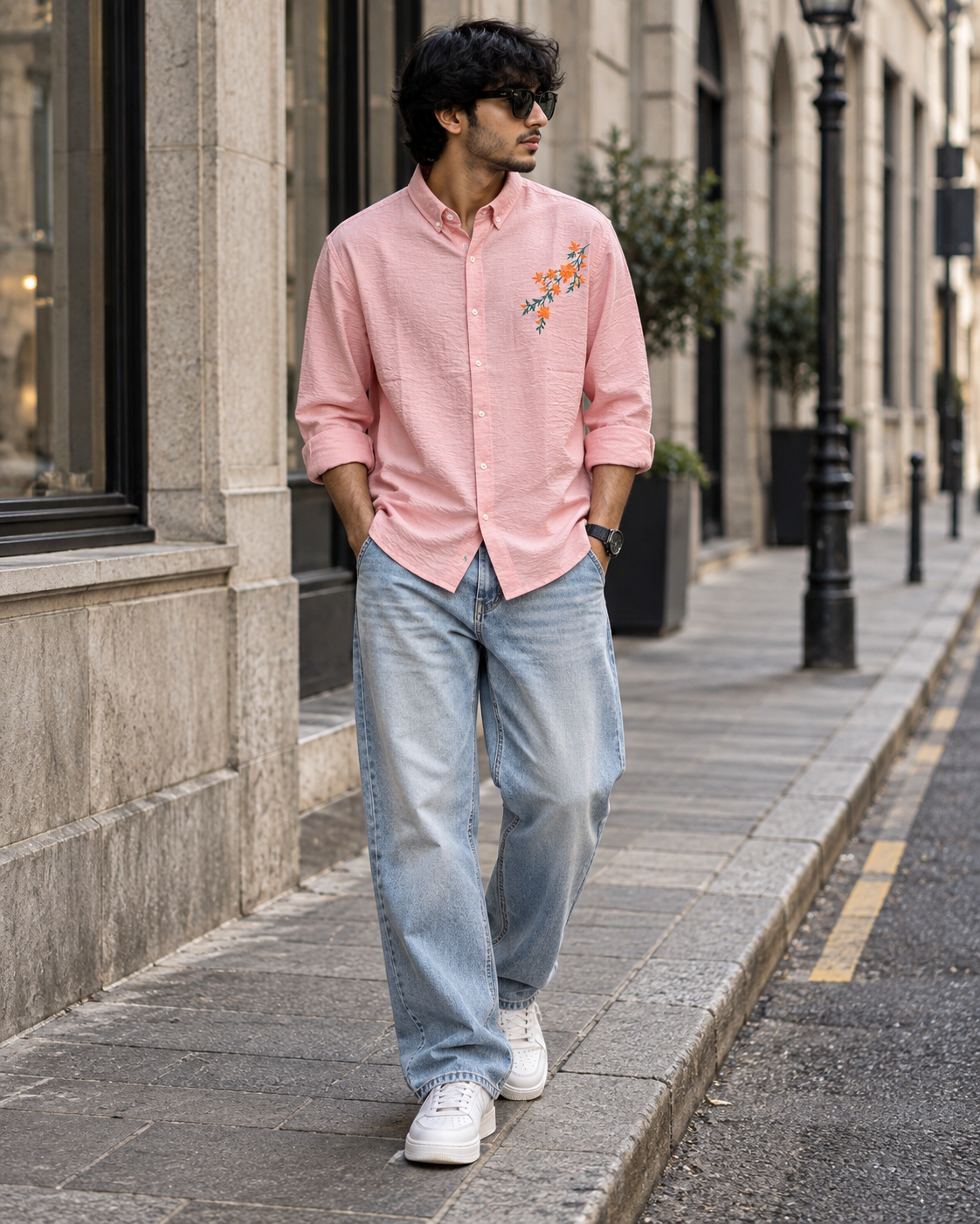 Pink Textured Floral Embroidery Shirt
