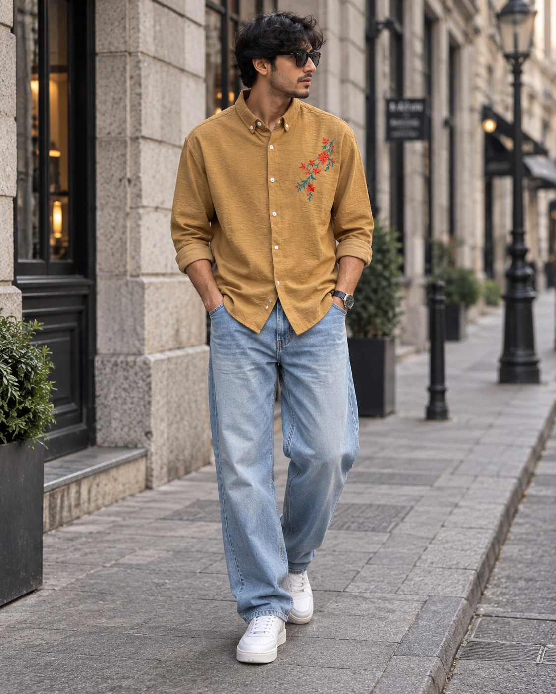 Mustard Yellow Embroidered Casual Shirt