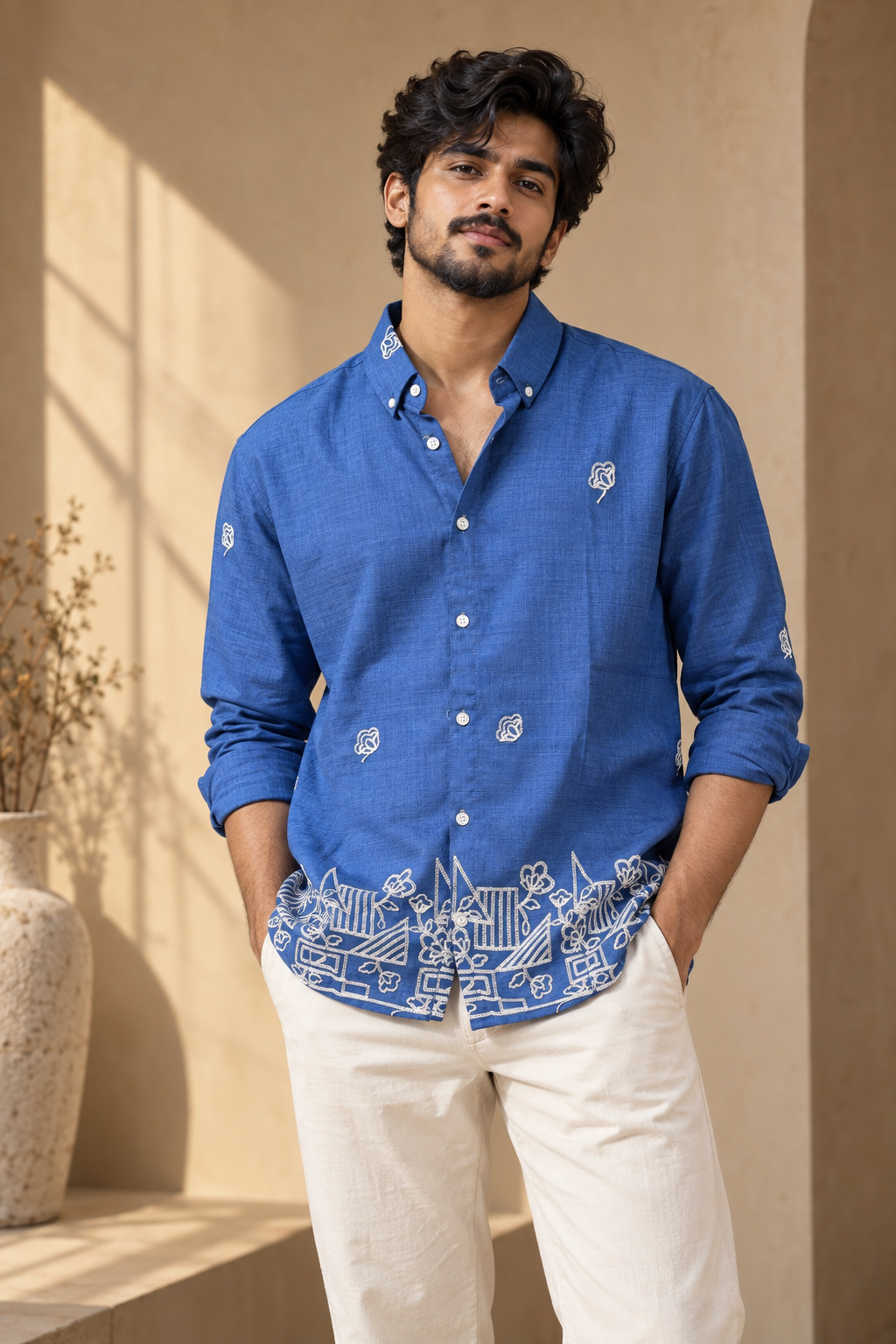 Royal Blue Textured Embroidery Shirt