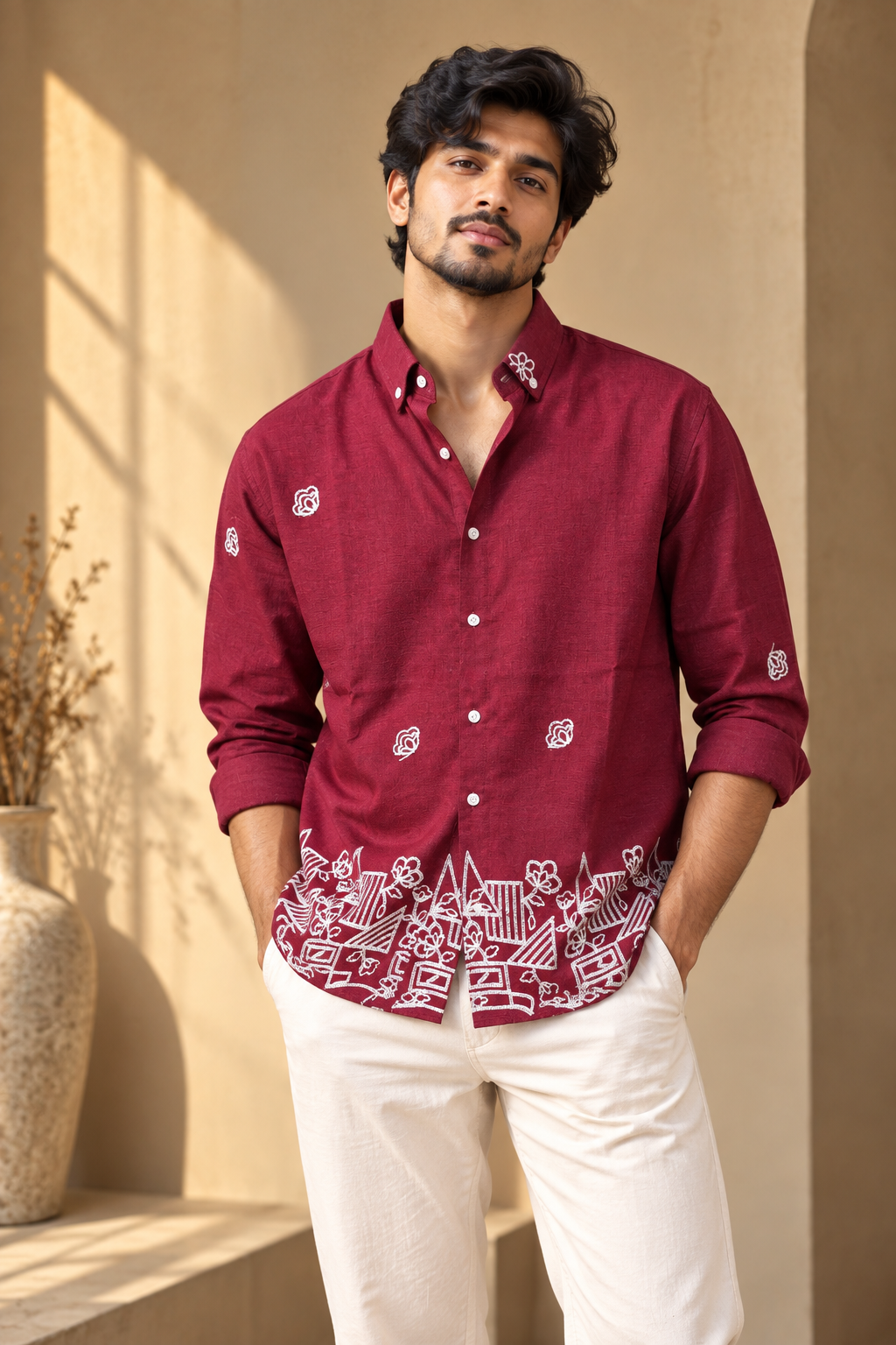 Maroon Textured Floral Embroidery Shirt