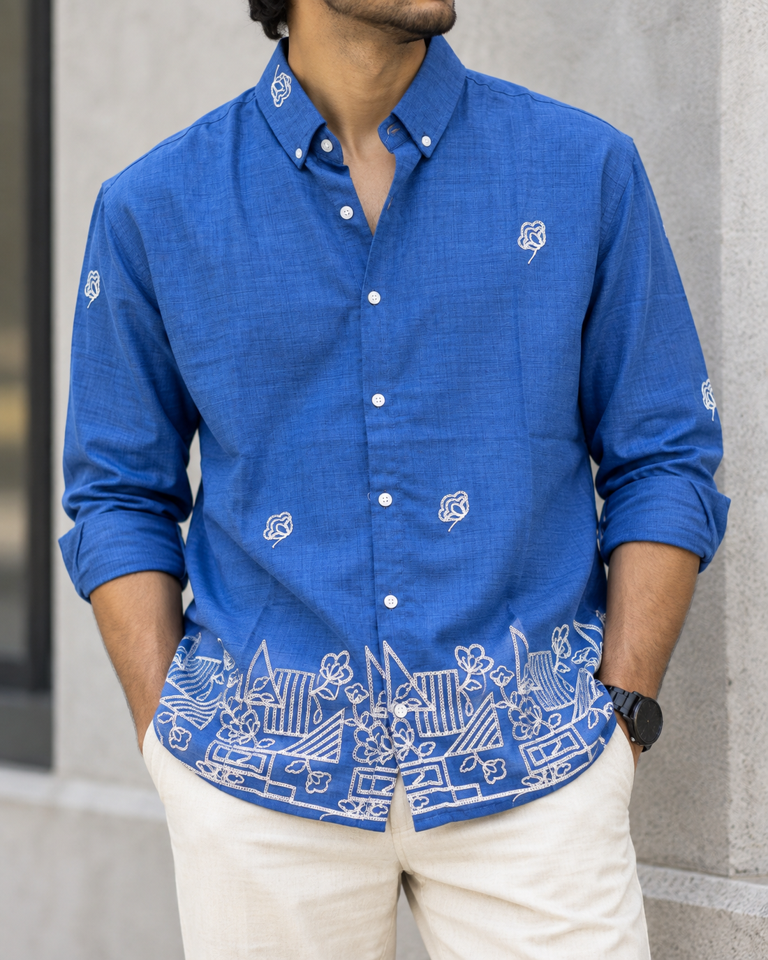 Royal Blue Textured Embroidery Shirt