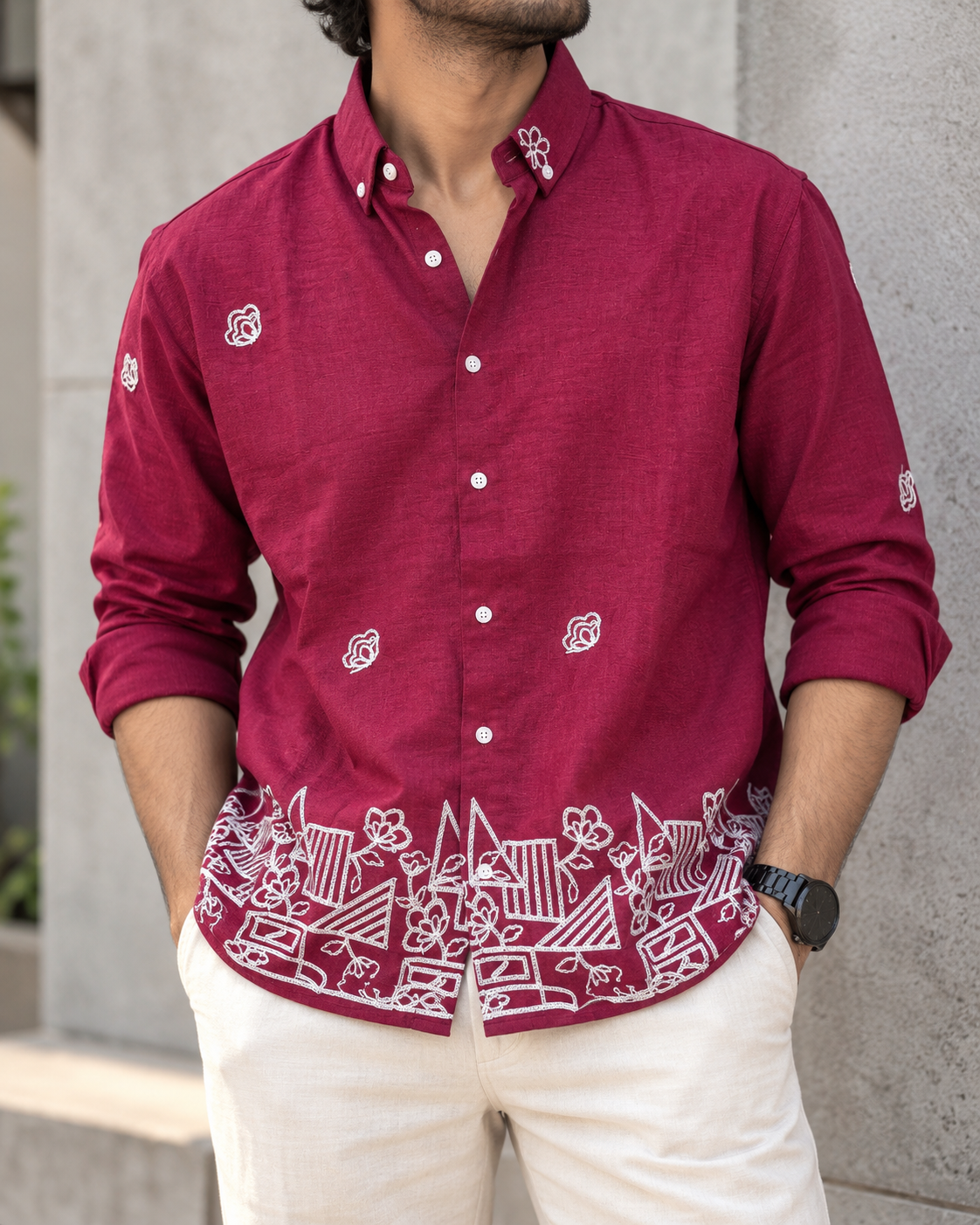 Maroon Textured Floral Embroidery Shirt