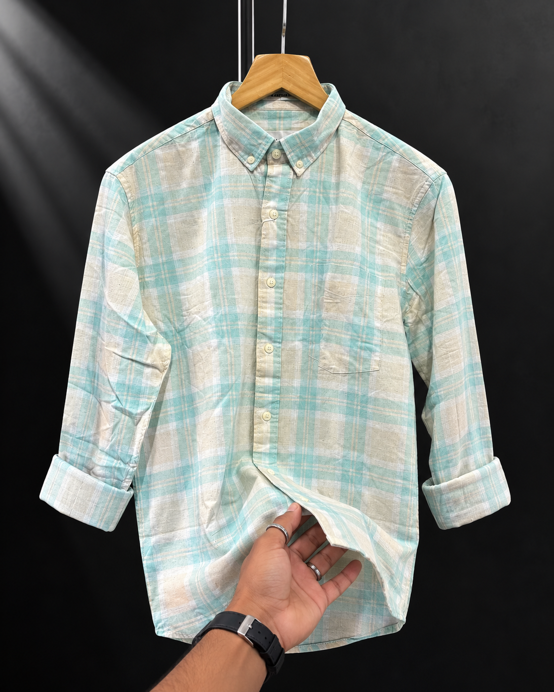 Men’s Premium Relaxed Fit Linen Blend Check Shirt – Mint Green