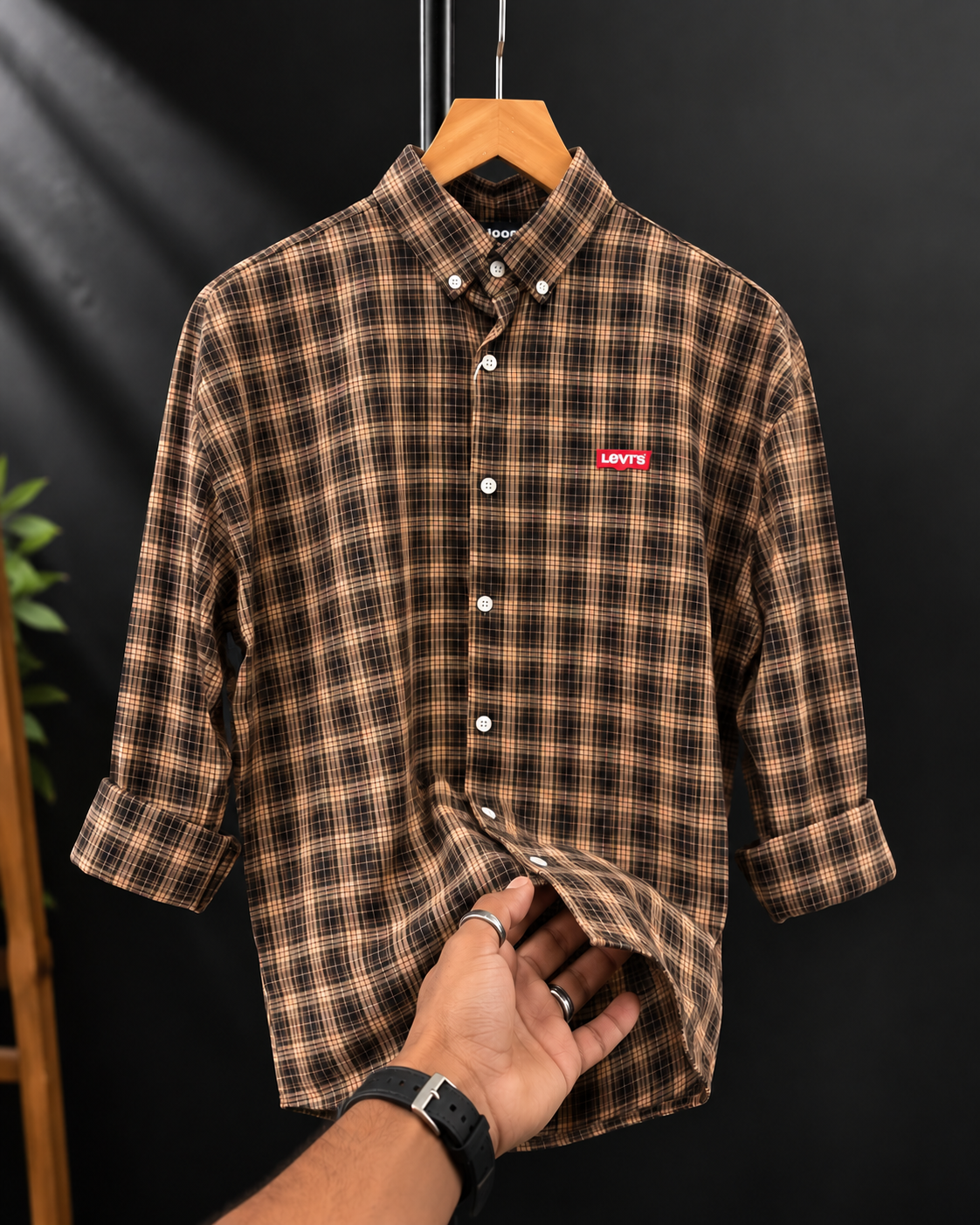 Men’s Premium Relaxed Fit Brown Plaid Linen Blend Shirt