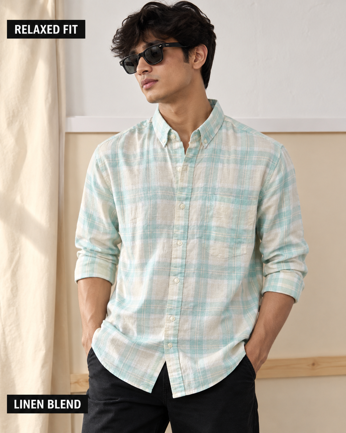 Men’s Premium Relaxed Fit Linen Blend Check Shirt – Mint Green