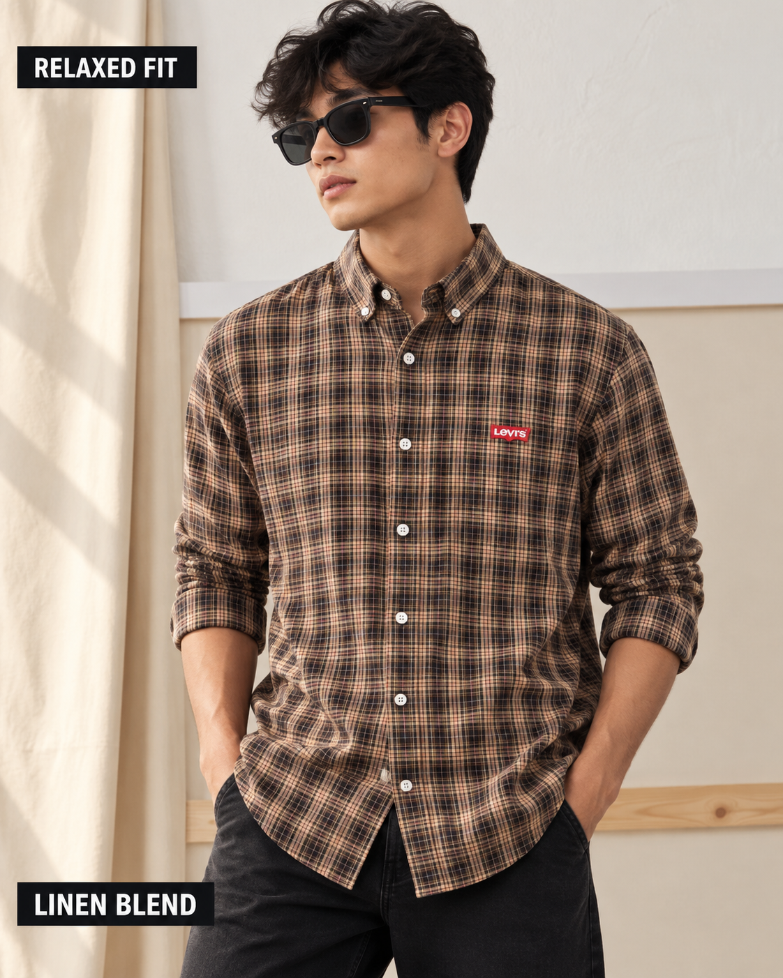 Men’s Premium Relaxed Fit Brown Plaid Linen Blend Shirt