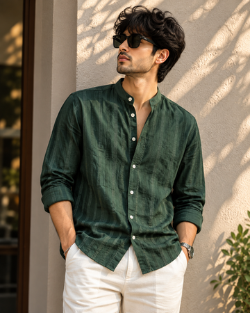 Men’s Premium Emerald Green Textured Full-Sleeve Shirt