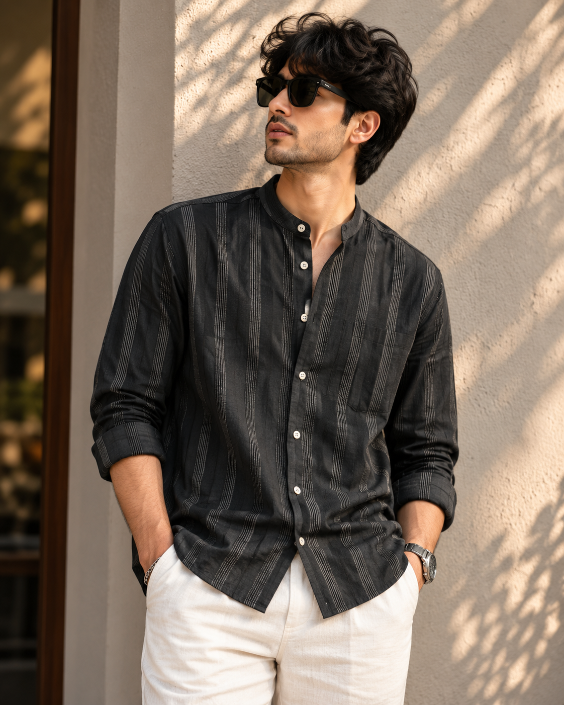 Men’s Premium Black Textured Stripe Shirt – Regular Fit