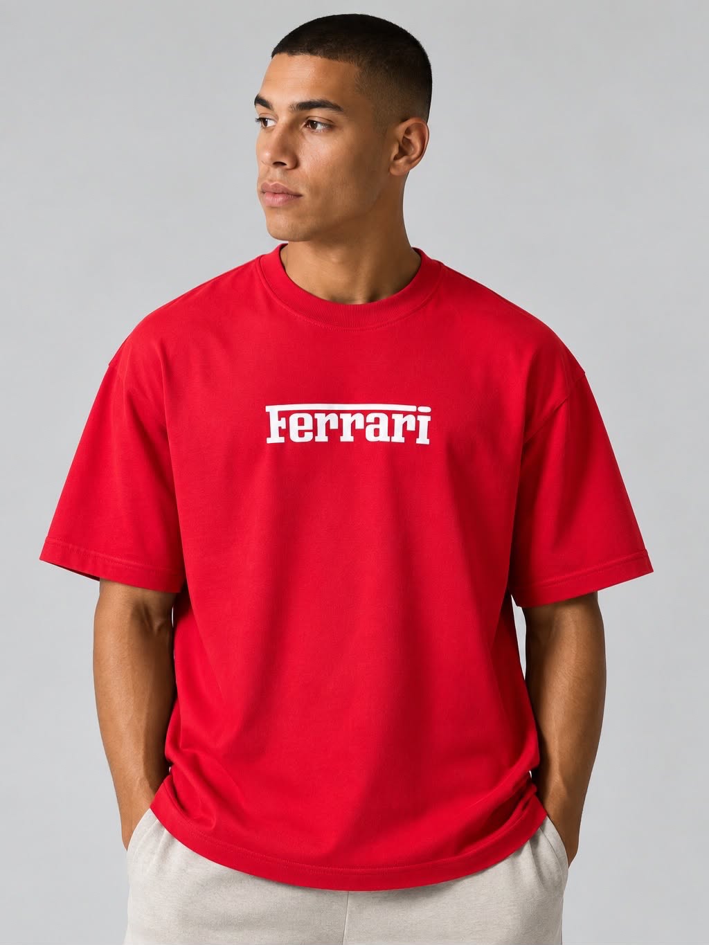 Men’s Red Ferrari-Inspired Racing Graphic Oversized T-Shirt