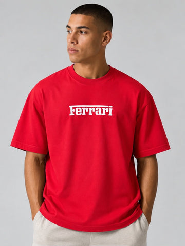 Men’s Red Ferrari-Inspired Racing Graphic Oversized T-Shirt
