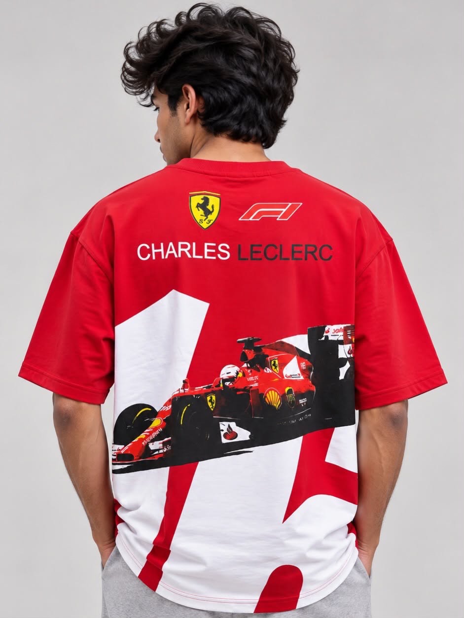 Men’s Red Ferrari-Inspired Racing Graphic Oversized T-Shirt